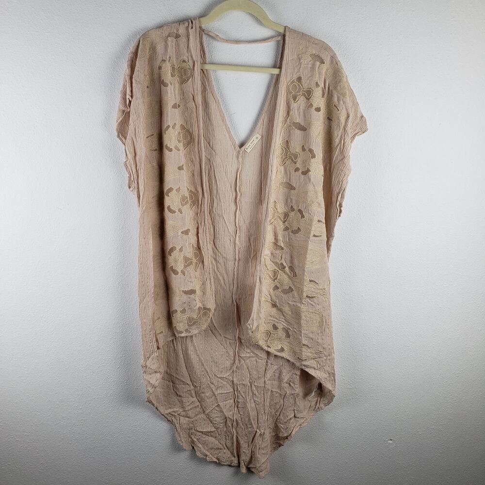 Miss Love Women's M‎ Open Front Crepe Hi Low Duster Beige Embroidered Lagenlook